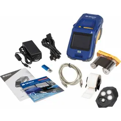 A Bluetooth-connected portable label printer with 2-inch print width and 300 dpi resolution. Includes battery, AC adapter, self-laminating cable wraps, and Brady Workstation Lab ID Software Suite. Used for labeling vials, slides, and equipment in laboratory settings.