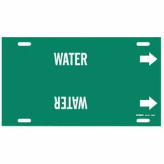 Green strap-on pipe marker with white legend reading 'Water', designed for pipe outer diameters from 6 to 7-7/8 inches. Includes directional arrows to indicate flow direction. Suitable for identifying water lines in industrial piping systems.