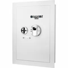 Wall-recessed security safe with 0.52 cu ft capacity, constructed from steel. Measures 20 3/4 in H x 15 3/8 in W x 3 3/4 in D. Equipped with 2 dead locking bolts. Suitable for discreet storage of valuables within a wall cavity.