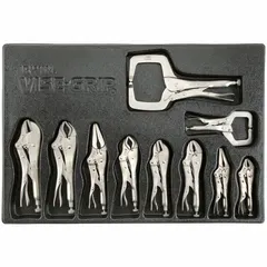 This set includes curved-jaw locking pliers and C-clamps in sizes 5, 6, 7, 9, 10, and 11 inches overall length with plain grip. Supplied in a tray for organized storage, it is suited for clamping, gripping, and holding workpieces in metalworking, fabrication, and maintenance tasks.