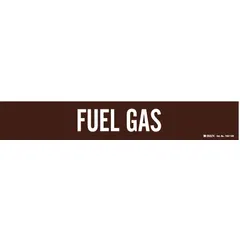 Adhesive pipe marker with brown background and white legend reading 'Fuel Gas'. Designed for pipes with outer diameter of 8 inches and larger. Supplied without arrows, one marker per unit. Used for identifying fuel gas lines in piping systems.