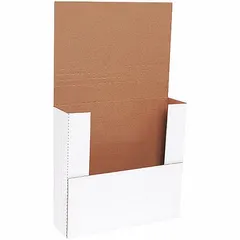 White corrugated cardboard mailer with inside dimensions of 12 in length and 3 in height. Single-wall construction with ECT-32-B board test and easy-fold closure. Suitable for shipping lightweight, flat items such as documents, books, or small parts.