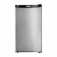 This 3.2 cu ft total capacity mini refrigerator from DANBY is Energy Star Certified for efficiency. It features a silver finish, semi-automatic defrost, two shelves, and a solid swing door with a 3-prong plug. Suitable for compact spaces such as offices, dorm rooms, or small kitchens for storing beverages, snacks, and perishables