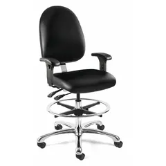 The BEVCO Integra drafting chair features a black vinyl seat (20 in wide, 18 in deep) with adjustable arms and a tilting back. The silver aluminum frame provides support for drafting, design, and technical workstations requiring adjustable height and arm support.
