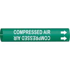 Green pipe marker with white legend reading 'Compressed Air' and directional arrows. Fits pipe outer diameters from 3/4 to 1-3/8 inches. Used to identify compressed air lines in industrial piping systems.