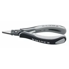 Flat-nose pliers with a 7/8 in jaw length and 1/8 in tip width. The ESD-safe design protects sensitive components from electrostatic discharge. Includes a conduit gripper for pulling wires through conduit. Suitable for precision gripping, bending, and holding in electronics assembly and repair.