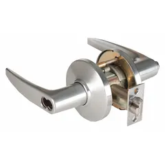 This office lever lockset features a 9K Curved no Return Lever in Satin Chromium-Plated Zinc (F90 finish). It is ADA compliant and includes a Large Format Interchangeable Core (LFIC) for key control. Suitable for commercial interior doors in settings such as offices, schools, and healthcare facilities.