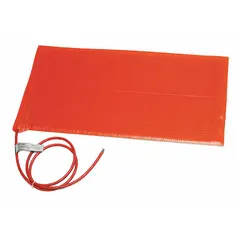 Fiberglass-reinforced silicone rubber heating blanket with adhesive backing for direct surface mounting. Rated for maximum operating temperature of 232°C. Overall dimensions 36 in length by 18 in width, 3/16 in thickness. Moisture-resistant plastic construction. Requires separate controller for operation. Suitable for process heating, freeze protection, and temperature maintenance on pipes, tanks, and vessels.