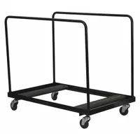This cart is designed for transporting and storing round and rectangular tables. It features a vertical divider rail to keep tables separated and organized. The black high-gloss frame is supported by (4) swivel casters for maneuverability. Dimensions: 48 3/16 in L x 28 in W x 47 in H