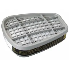 NIOSH-approved organic vapor cartridge for use with 3M FF-400 Series reusable respirators. Bayonet connection type. Color-coded black/olive. Pack of 2. Suitable for protection against organic vapors in industrial environments such as painting, chemical handling, and laboratory work.