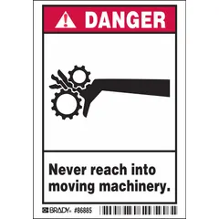 Polyester adhesive sign with danger legend warning against reaching into moving machinery. Nominal size 5 in x 3 1/2 in, thickness 0.01 in. Not retroreflective or glow in the dark. Suitable for placement on industrial equipment to alert personnel of moving-part hazards.