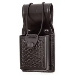 Black leather duty equipment pouch with basket weave pattern. Measures 35 1/2 inches by 2 3/4 inches and features a snap closure. Designed for carrying communication devices such as radios and phones in security and field operations.