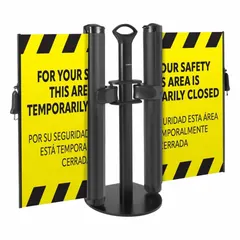 Single-post retractable belt barrier system with a 38-inch post height and 11 1/2 ft yellow belt printed with 'Area Temporarily Closed' in black. Round flat belt profile. Includes hardware for setup. Used for crowd control and temporary area closure in facilities and public spaces.