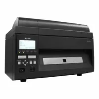 Wired industrial label printer for direct thermal and thermal transfer printing. Features 10.5 in max print width, 6 in/sec print speed, push-button controls, USB connectivity, and cutter dispensing. Suitable for producing barcode labels, asset tags, and RFID labels in manufacturing, logistics, and warehousing environments