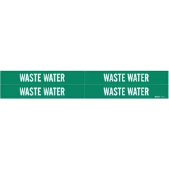 Green adhesive pipe marker with white 'Waste Water' legend, designed for pipe outer diameters from 3/4 to 2-3/8 inches. Pack includes 4 markers without arrows, suitable for identifying waste water lines in industrial piping systems.
