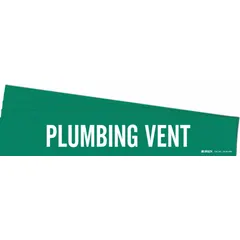Green adhesive pipe marker with white legend reading 'Plumbing Vent'. Designed for pipes with outer diameter of 8 inches and larger. Pack of 5 markers without arrows. Used to identify vent pipes in plumbing systems for clear labeling.