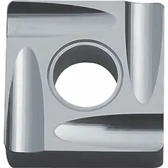 Square indexable turning insert made of Cerment, offering four cutting edges for finishing operations. Suitable for medium to high-speed machining of steel and cast iron, providing stable cutting and good surface finish.