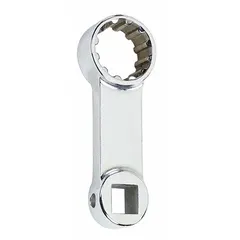 This SAE box end torque adapter features a chrome finish and a 3/8 in drive size with 12 points. It is used with torque wrenches to apply precise torque to fasteners in confined spaces where standard sockets cannot reach.