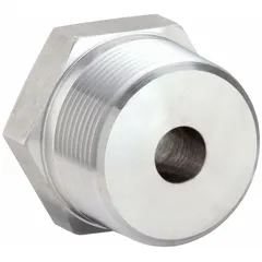 This extreme pressure threaded pipe fitting is made from 316 stainless steel. It has a connection size of 1 1/2 in x 3/8 in, a length of 1 37/64 in, and a pressure rating of 3,600 psi. Used in high-pressure hydraulic and pneumatic systems to connect and direct flow.
