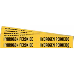 Yellow adhesive pipe marker with black legend reading 'Hydrogen Peroxide'. Designed for pipes with outer diameter from 3/4 to 2-3/8 inches. Pack includes 4 pipe markers without directional arrows, sold in a 5-pack quantity. Used to identify pipes carrying hydrogen peroxide in industrial facilities.