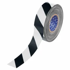 This extra-durable floor marking tape features a black/white striped pattern for high-visibility safety cues. The 22 mil thick polyester backing provides resistance in high-traffic areas. Commonly used to mark aisles, hazards, and storage zones in industrial facilities.