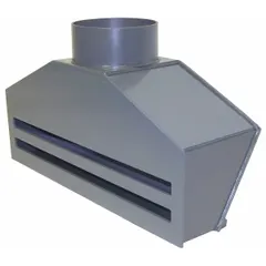 Two-slot intake fume hood for 8-inch duct diameter. PVC construction with 8 5/8-inch inlet diameter and 1/2-inch drain. Overall length 30 inches. Used in ventilation systems to capture airborne contaminants.