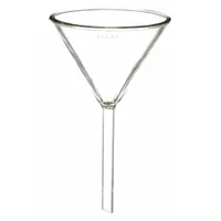 This general purpose lab funnel is made of 3.3 borosilicate glass, offering chemical inertness and heat resistance. It has a 90 mL capacity, 95 mm diameter, 13 mm stem diameter, and 100 mm stem length. Suitable for transferring liquids and powders into containers with narrow openings in laboratory settings