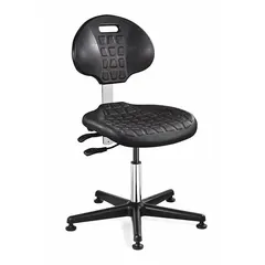 This armless cleanroom task chair is constructed with a polyurethane seat and a nylon base. It is ESD-safe and certified for ISO 4 cleanroom environments. The seat width is 18 1/2 inches, and the height adjusts from 15 to 20 inches. Suitable for controlled environments requiring static control and low particle generation.