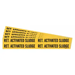 Yellow adhesive pipe marker with black legend reading 'Return Activated Sludge'. Fits pipe outer diameters from 3/4 to 2-3/8 inches. Sold in packs of 5. Used to identify return activated sludge lines in industrial piping systems, such as wastewater treatment facilities.