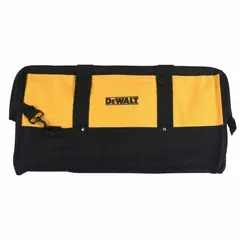 This DEWALT tool bag is made of polyester with a black and yellow color scheme. It features a wide-mouth opening and 10 total pockets, including 4 inside pockets, for organizing hand tools and accessories. Suitable for carrying tools on job sites.