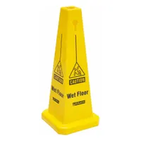 This polypropylene safety cone is designed to mark wet floors or other hazards, alerting personnel to slippery surfaces. With a nominal sign size of 26 in x 10 9/10 in x 10 9/10 in, it is suitable for indoor use where high visibility is not required. The cone is not retroreflective and does not glow in the dark