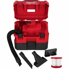 Compact 1 5/8 gallon plastic tank wet/dry vacuum for liquid and dry debris pickup. Features a 1 1/4 in diameter, 5 ft hose and bagless debris collection. Suitable for small spills and confined spaces in workshops, job sites, and maintenance areas.