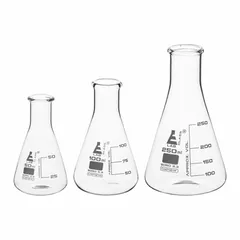 Set of three colorless round Erlenmeyer flasks with capacities of 50 mL, 100 mL, and 250 mL. Made from Type I borosilicate glass with a +/-5% tolerance, compatible with stopper size 5. Suitable for mixing, heating, and storing liquids in laboratory settings.
