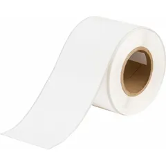 White matte polyester continuous label roll, 4 inches wide by 100 feet long, for indoor use. Inkjet print-receptive material produces clear, durable identification. Designed for use with Brady J4000 printer series. Suitable for asset tracking, cable marking, and equipment labeling.