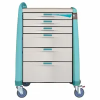 Medical procedure cart with a green polymer cabinet and six drawers. Caster configuration includes one swivel with brake and three swivel casters. Used for organizing and transporting anesthesia supplies and medications in clinical settings