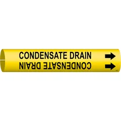 Yellow snap-on pipe marker with black legend reading 'Condensate Drain' and directional arrows. Fits pipe outer diameters from 2-1/2 to 3-7/8 inches. Used to identify condensate drain lines in industrial piping systems for safety and maintenance.