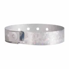 Plastic security wristband in silver, supplied in a 500-pack. Each wristband measures 10 inches in overall length and 5/8 inch in overall width. Suitable for access control, event management, and patient identification applications.