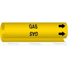 Yellow wrap-around pipe marker with black 'Gas' legend and directional arrows. Fits pipe outer diameters from 1/2 to 1-3/8 inches. Used to identify gas piping systems in industrial and commercial facilities.