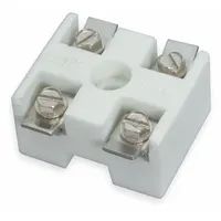 Ceramic terminal block for high-temperature electrical connections. 2-pole design rated for 600V AC. Suitable for heater circuits, furnaces, and ovens where plastic blocks are not appropriate