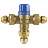 Thermostatic mixing valve with 3/4 in outlet connection. Blends hot and cold water to maintain a consistent outlet temperature. Used in point-of-use applications such as sinks, showers, or process equipment
