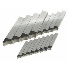 This set includes radius tool bits with shank widths and heights of 3/8 in, 1/2 in, and 3/4 in. Designed for lathe use, these bits produce smooth, rounded contours on metal workpieces in general machining applications.