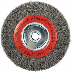 This light-cleaning brush features a 0.014 in crimped steel fill for removing rust, scale, and light burrs from carbon steel surfaces. With a 6 in diameter, 1 in face width, and 5/8 in arbor, it is suited for surface preparation and finishing in metal fabrication and maintenance tasks.