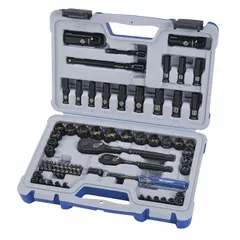 This 70-piece socket set includes 1/4 in and 3/8 in drive tools with 6-point sockets covering Metric sizes 4 mm to 19 mm and SAE sizes. It is used for tightening and loosening fasteners in automotive repair, machinery maintenance, and general industrial assembly. Socket bits and wrenches are not included.