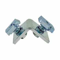 This steel corner angle plate features two 9/16 in holes and an integrated channel nut assembly, finished in silver. It is used for creating 90-degree connections in strut channel framing systems, providing structural support for cable tray, pipe, and conduit installations.
