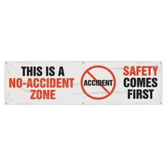 Indoor/outdoor banner made of poly sheeting with a nominal size of 28 in x 96 in. Printed on one side, without wind slits. Used to communicate safety messages in industrial environments such as factories, warehouses, and construction sites.
