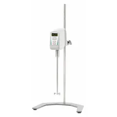 Variable-speed overhead stirrer with digital display, maximum torque 10 N-cm, and mixing speed up to 2,500 RPM. Suitable for stirring, blending, and suspending low-viscosity fluids in volumes up to 2 L. Operates on 100/240V, non-reversible, weight 0.81 lb.