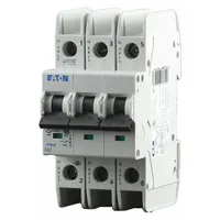 This 3-pole miniature circuit breaker features a D-curve trip characteristic for overcurrent protection in applications with high inrush currents. Rated 40A with a maximum AIR of 10kA at 277/480V AC and DC voltage rating of 48/96V DC, it uses screw clamp terminals for secure wiring. Suitable for use in industrial control panels, motor circuits, and DC power systems