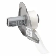 Continuous label roll measuring 3/8 in by 50 ft, made of white polyester with halogen-free properties. Designed for use with the M710 printer series. Suitable for industrial identification tasks such as asset tagging, cable marking, and safety labeling where chemical and abrasion resistance is required.