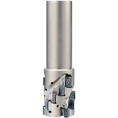 This indexable square-shoulder end mill features a helical flute design and standard length. It is used for square-shoulder milling, slotting, and contouring in metals and composites. The tool accepts indexable inserts for efficient material removal.