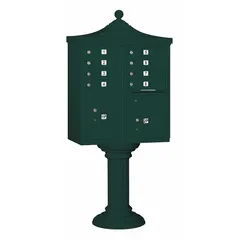 Horizontal multi-unit mailbox with 10 front-access doors, designed for pedestal mounting. Provides secure, centralized mail delivery for multiple tenants in residential or commercial settings. Dimensions: 71 3/4 in H x 31 in W x 18 1/2 in D.